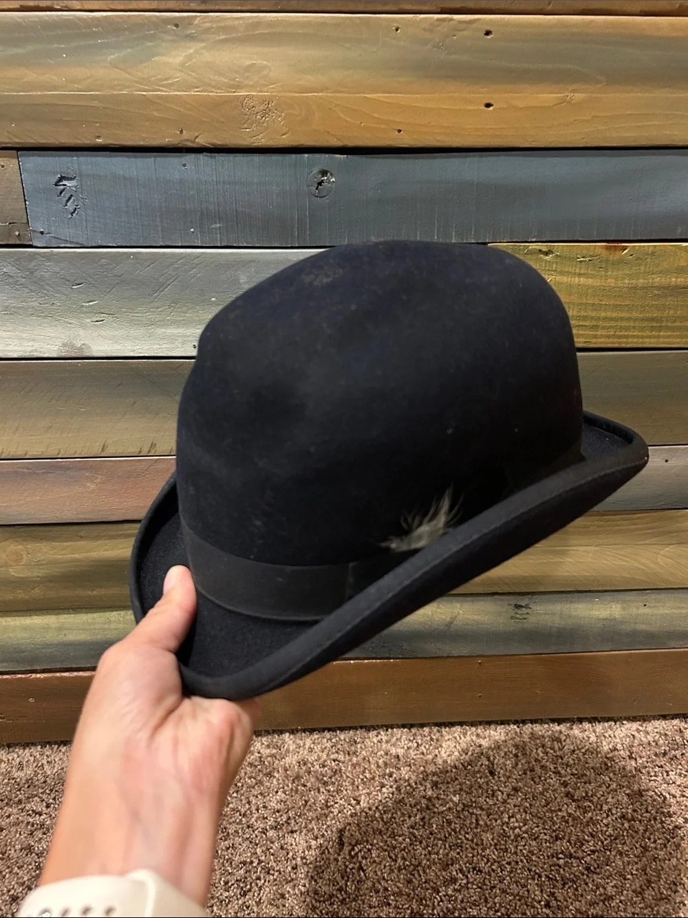 Classic Vintage Black Fur Felt Bowler Hat with Ribbon Trim